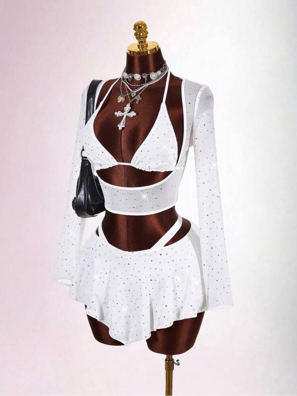 Y2K White Rhinestone Three-Piece Set with Sheer Long-Sleeve Cover festival party